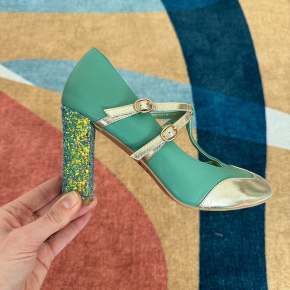 ModCloth “Strut in the World” Seafoam Glittery Heels - Picture 3 of 11
